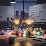 Two lightbulbs shining a small flame, symbolising partnership and a strong culture that safely contains and sustains creative brilliance.